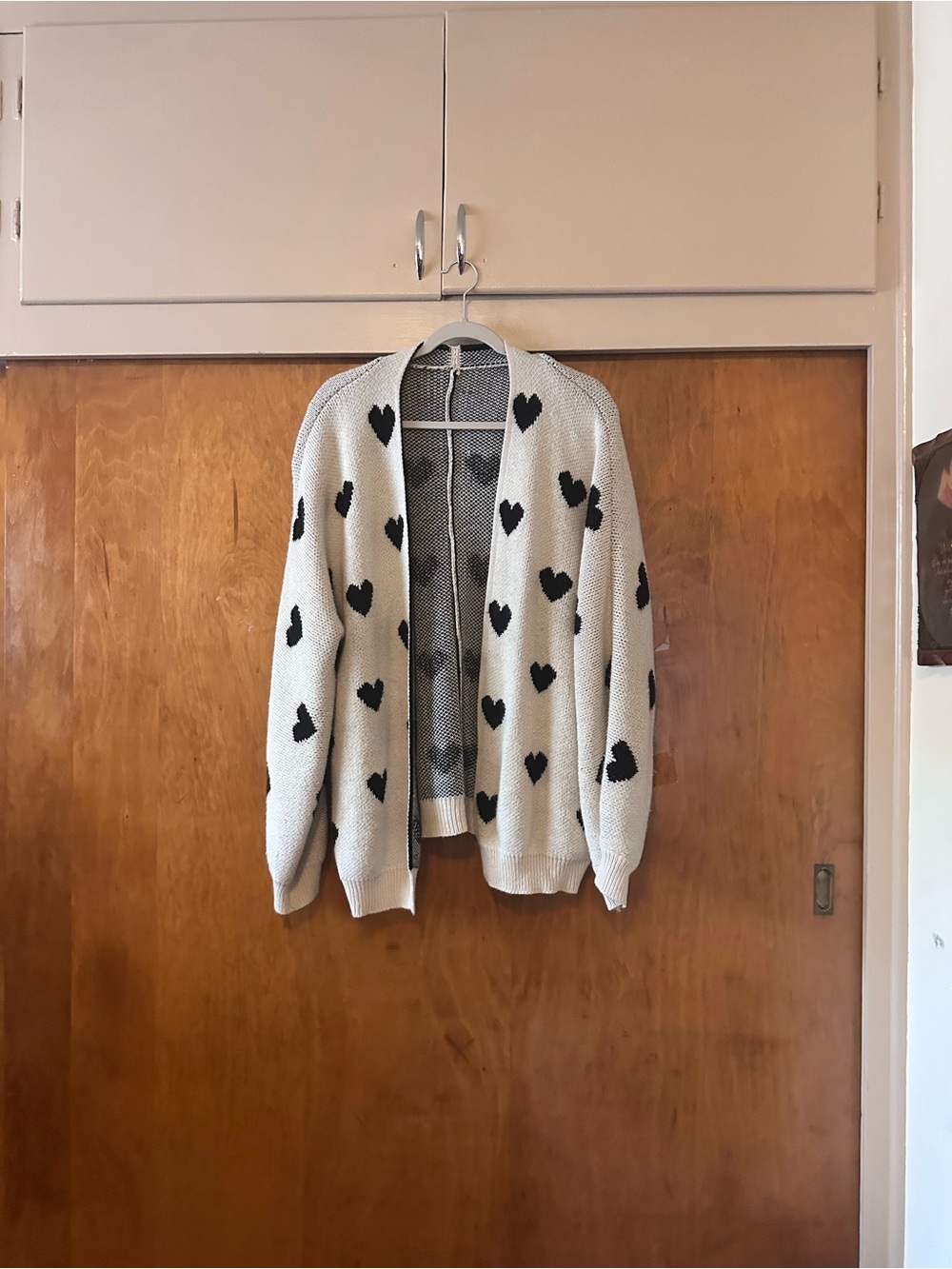 Open-Front Heart Pattern Cardigan Sweater - Cream/Black